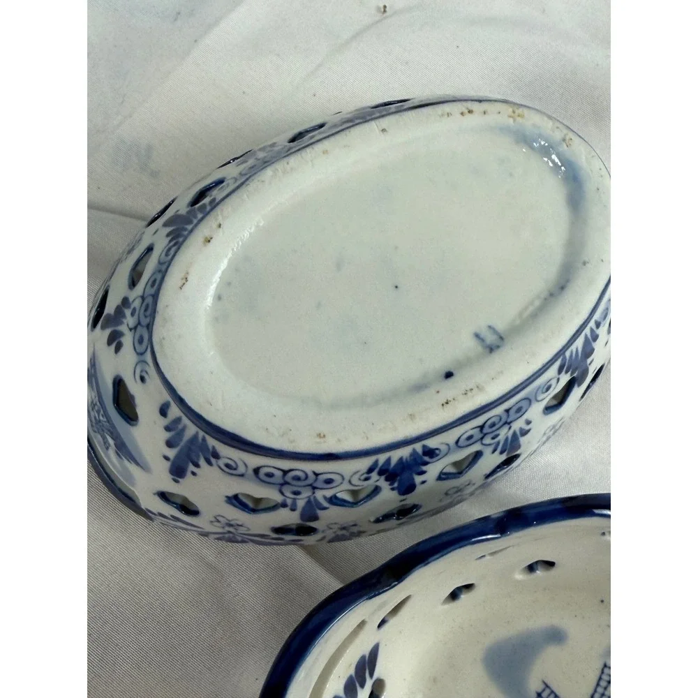 Vintage Delft Holland Ceramic Heart Cutout Windmill Nut Candy Bowls Set of 2